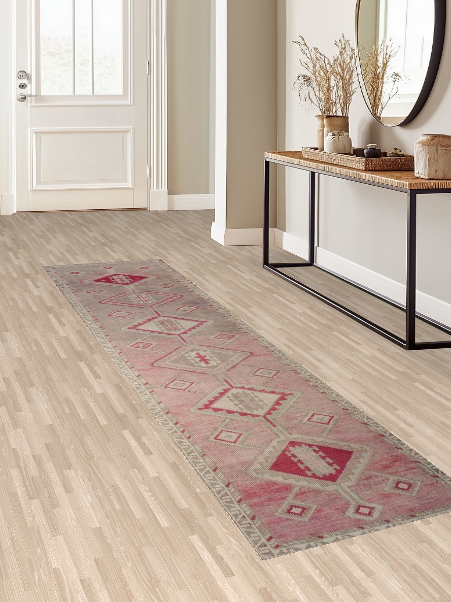 Vintage-Inspired Turkish Tribal Runner Rug in Soft Pink Tones 3x10 ft