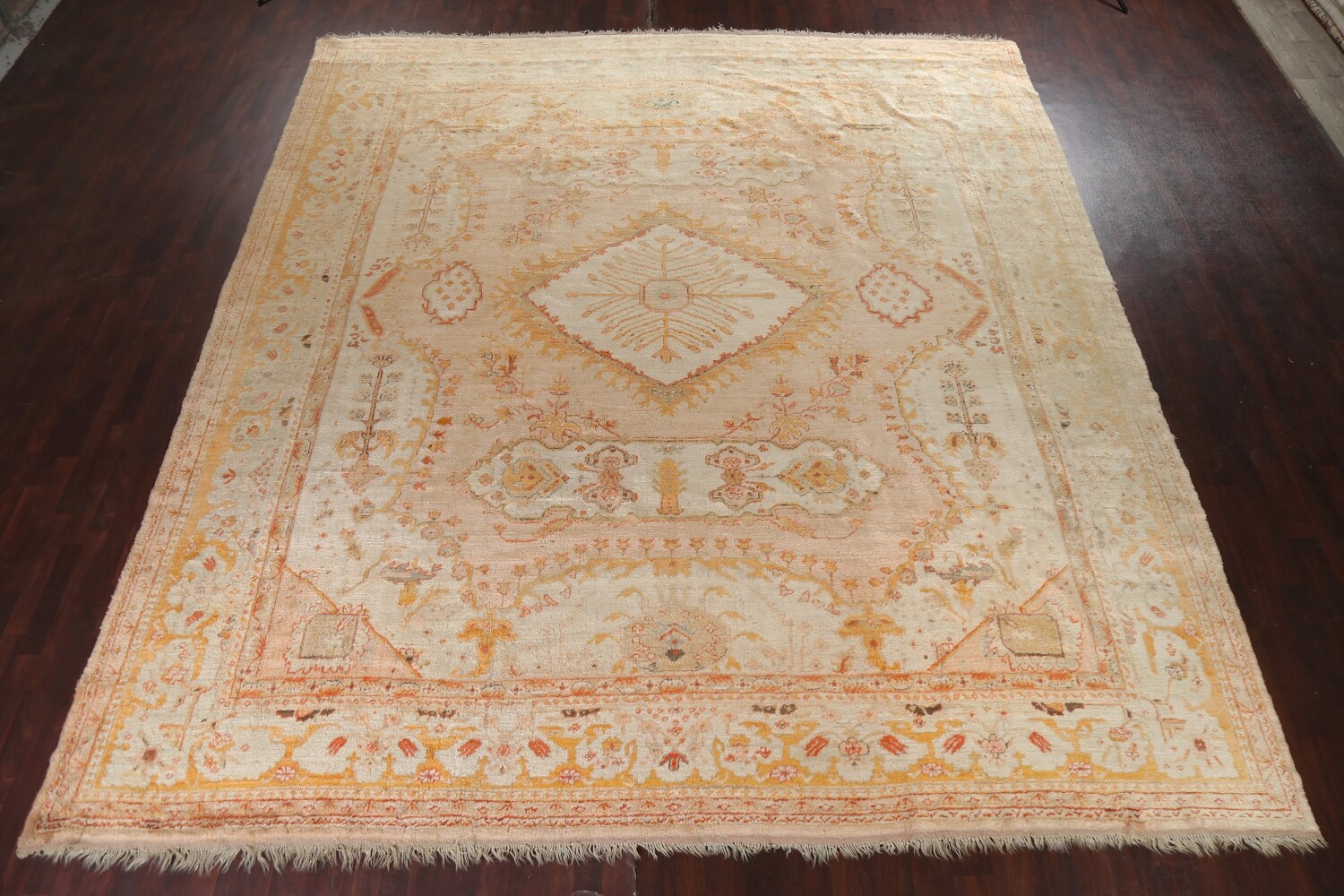 Pre-1900 Antique Vegetable Dye Oushak ANGORA Turkish Rug 13x14