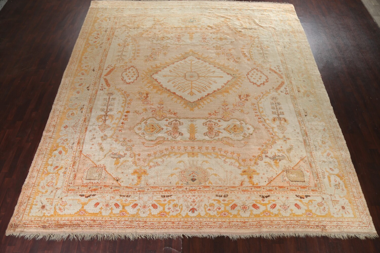 Pre-1900 Antique Vegetable Dye Oushak ANGORA Turkish Rug 13x14