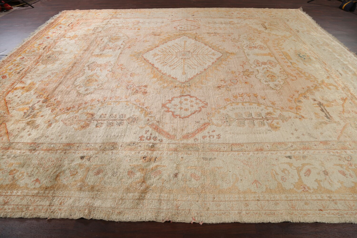 Pre-1900 Antique Vegetable Dye Oushak ANGORA Turkish Rug 13x14