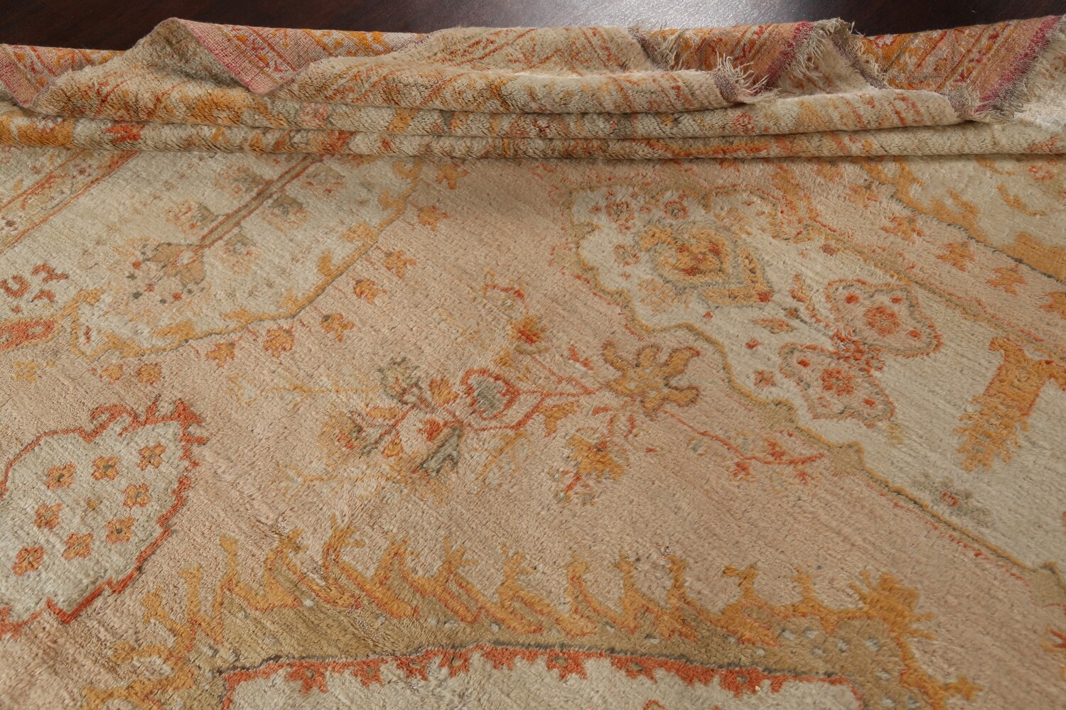 Pre-1900 Antique Vegetable Dye Oushak ANGORA Turkish Rug 13x14