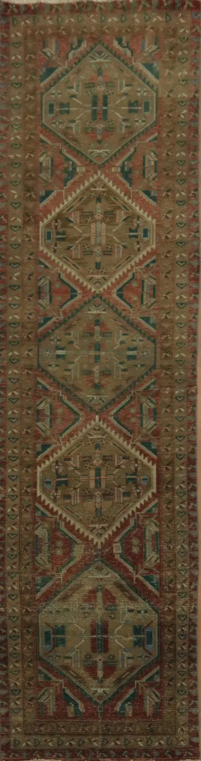 Vintage Geometric Tabriz Persian Long Runner Rug 4x14 ft