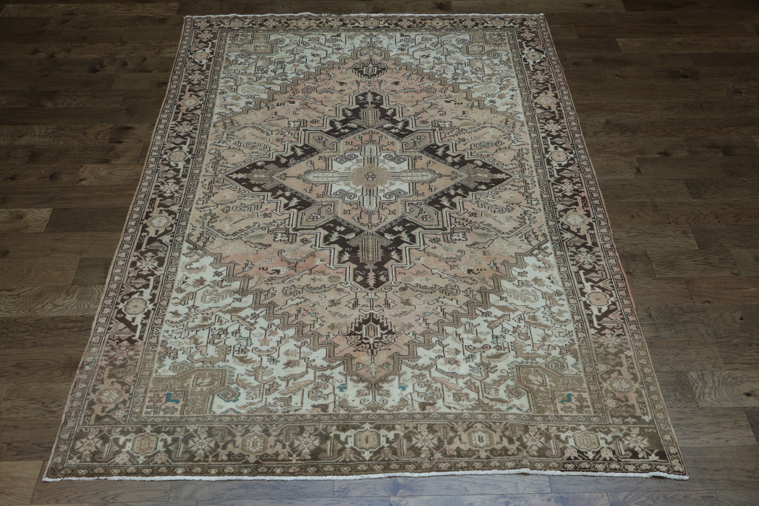 Vintage Geometric Muted Coral Peach Heriz Persian Area Rug 8x11