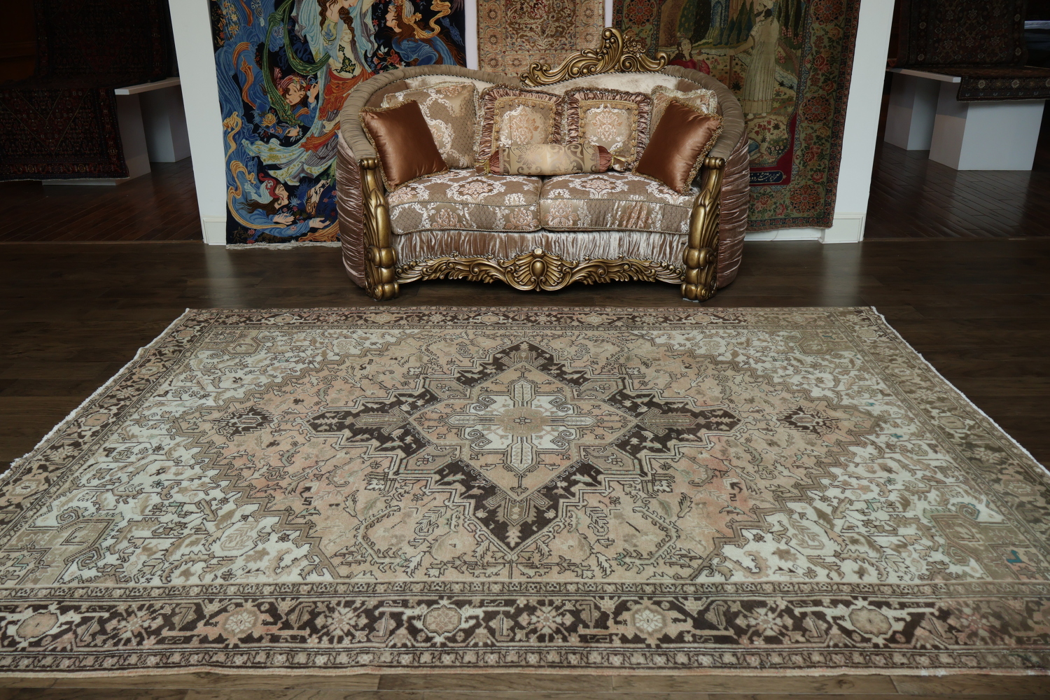 Vintage Geometric Muted Coral Peach Heriz Persian Area Rug 8x11