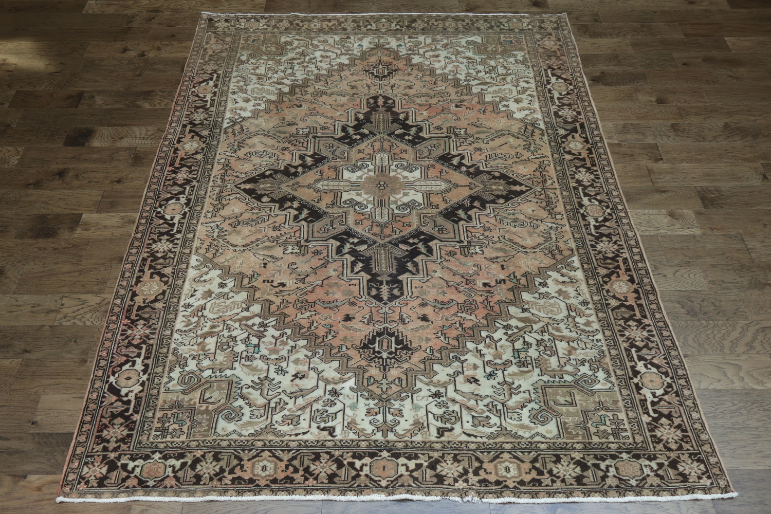 Vintage Geometric Muted Coral Peach Heriz Persian Area Rug 8x11