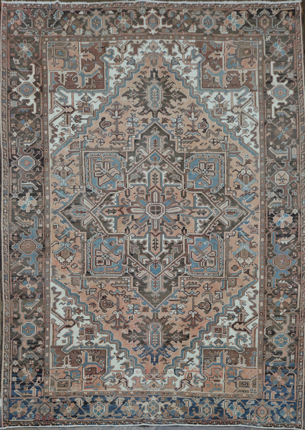 Geometric Coral and Blue Heriz Persian Area Rug 8x11