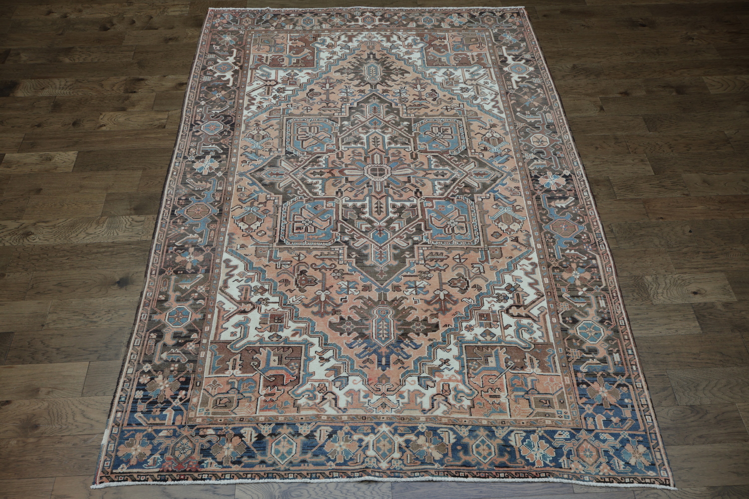 Geometric Coral and Blue Heriz Persian Area Rug 8x11