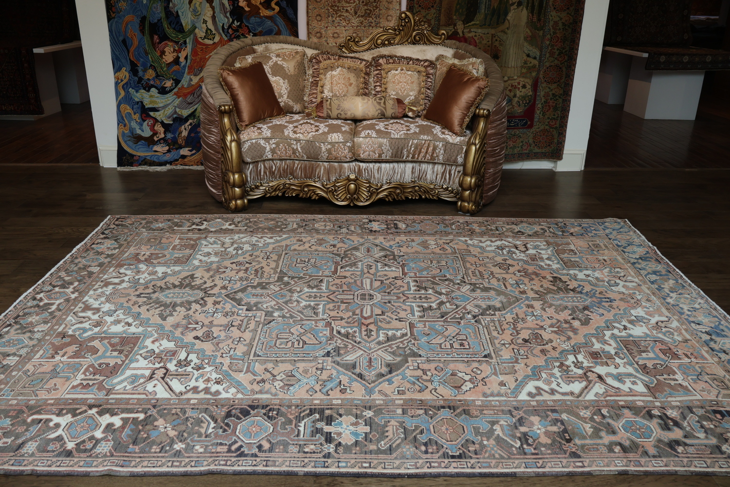 Geometric Coral and Blue Heriz Persian Area Rug 8x11