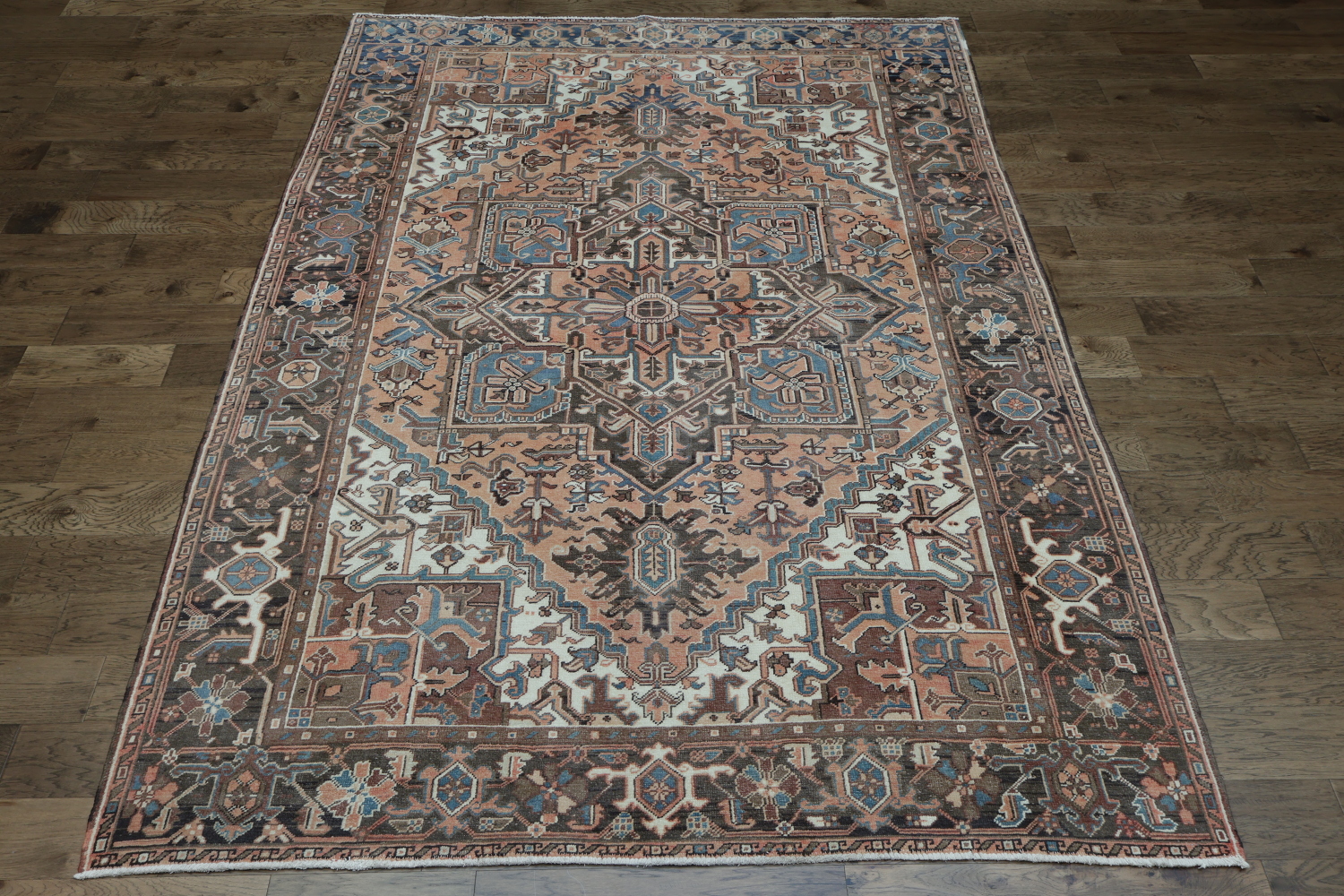 Geometric Coral and Blue Heriz Persian Area Rug 8x11