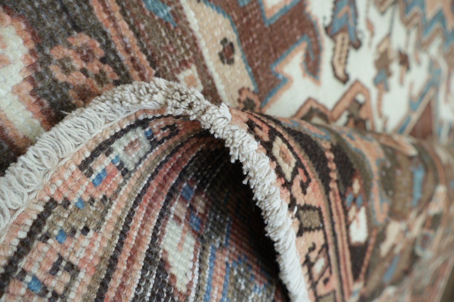 Geometric Coral and Blue Heriz Persian Area Rug 8x11