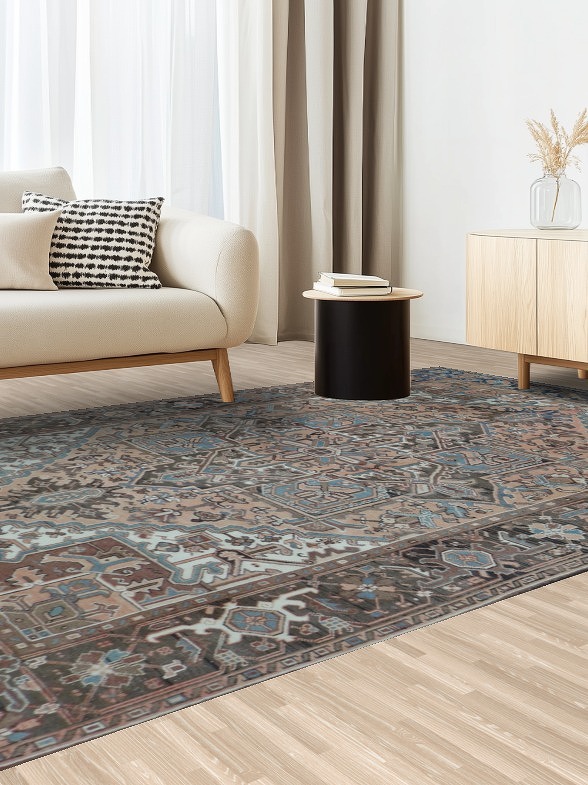Geometric Coral and Blue Heriz Persian Area Rug 8x11