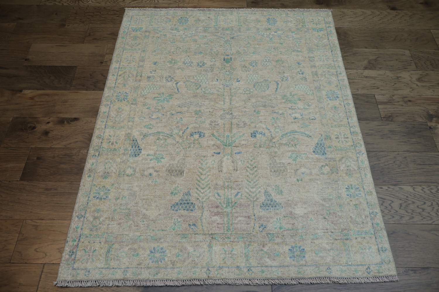 High-Quality Beige Rug with Timeless Blue Accents and Patterns 4x5