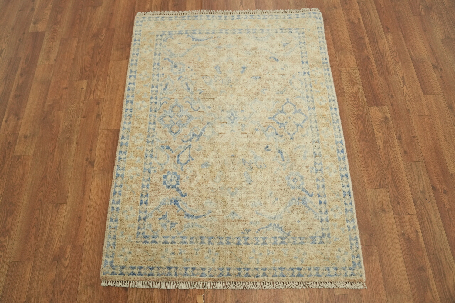Muted Peach and Blue Oushak Turkish Rug 3x4