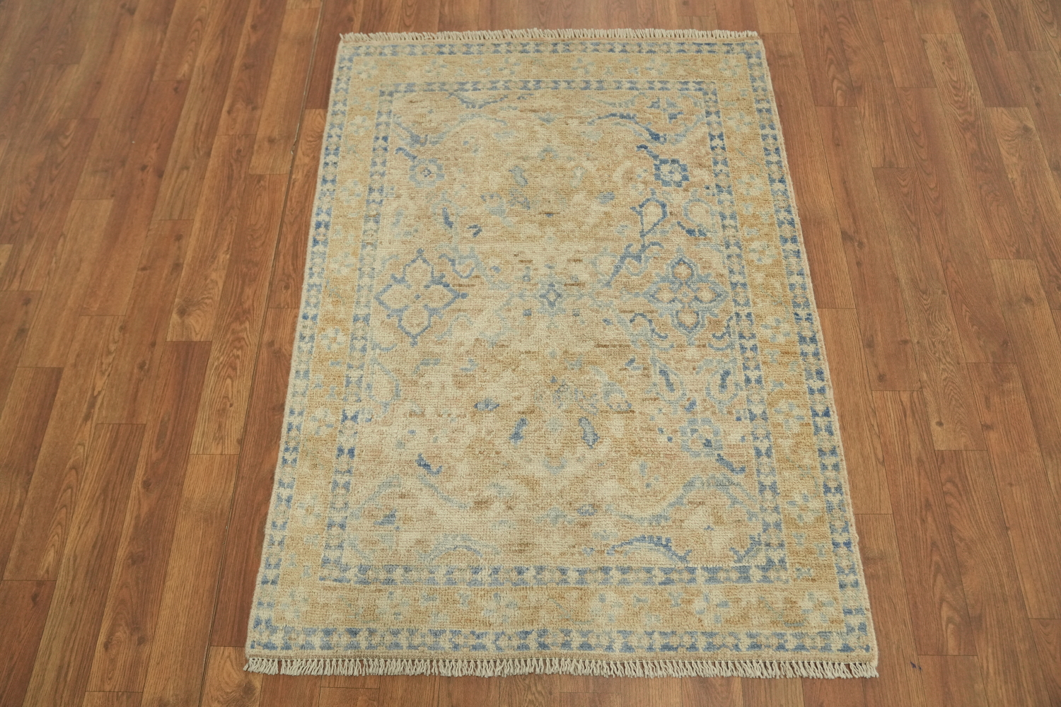 Muted Peach and Blue Oushak Turkish Rug 3x4