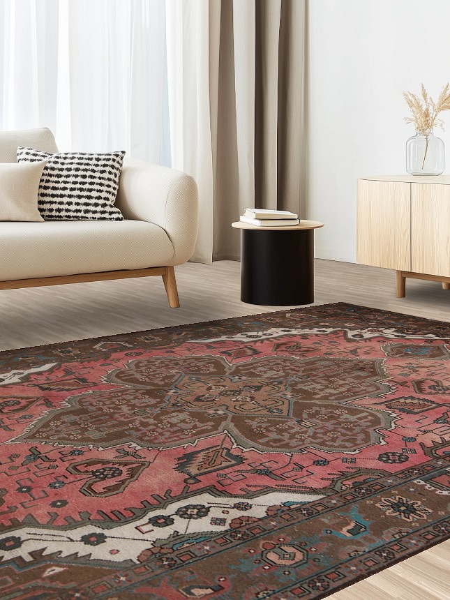 Pink Geometric Heriz Persian Area Rug 7x10