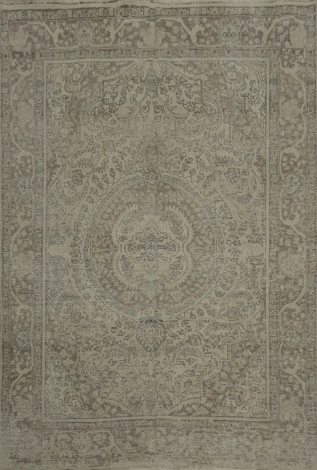 Geometric Muted Beige Tan Distressed Tabriz Persian Area Rug 7x9