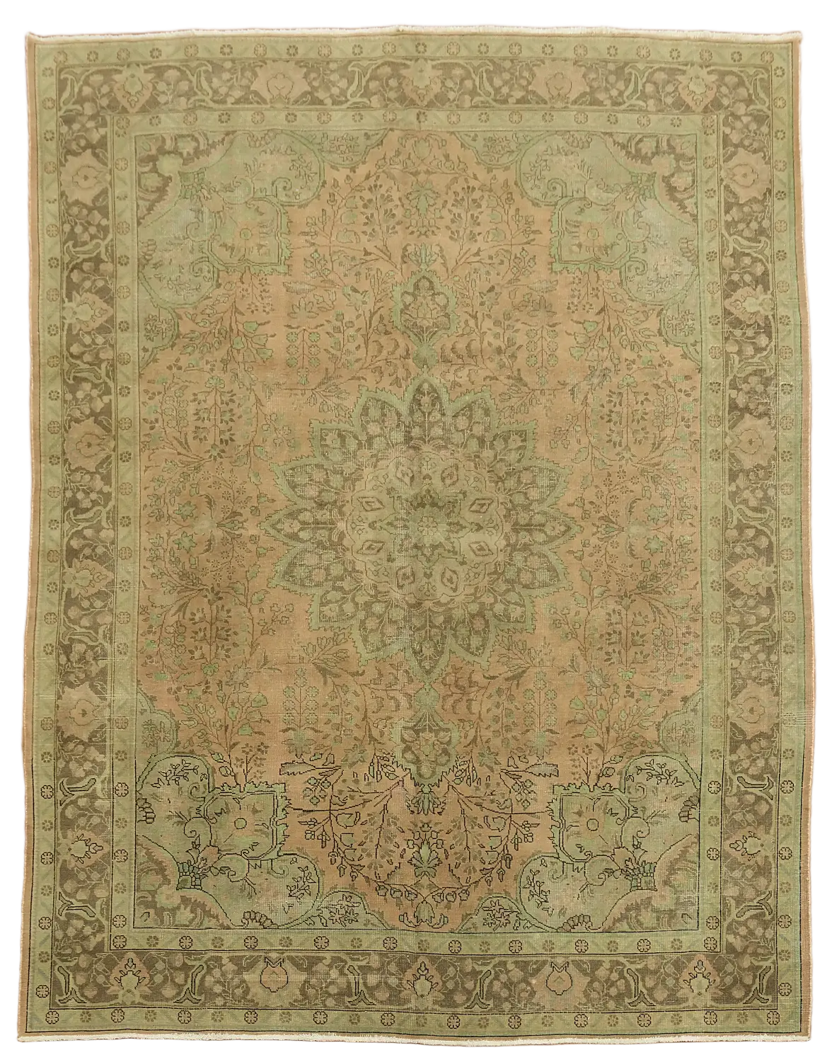 Vintage Distressed Persian Area Rug in Muted Green and Coral Pink Tones 10'x13'