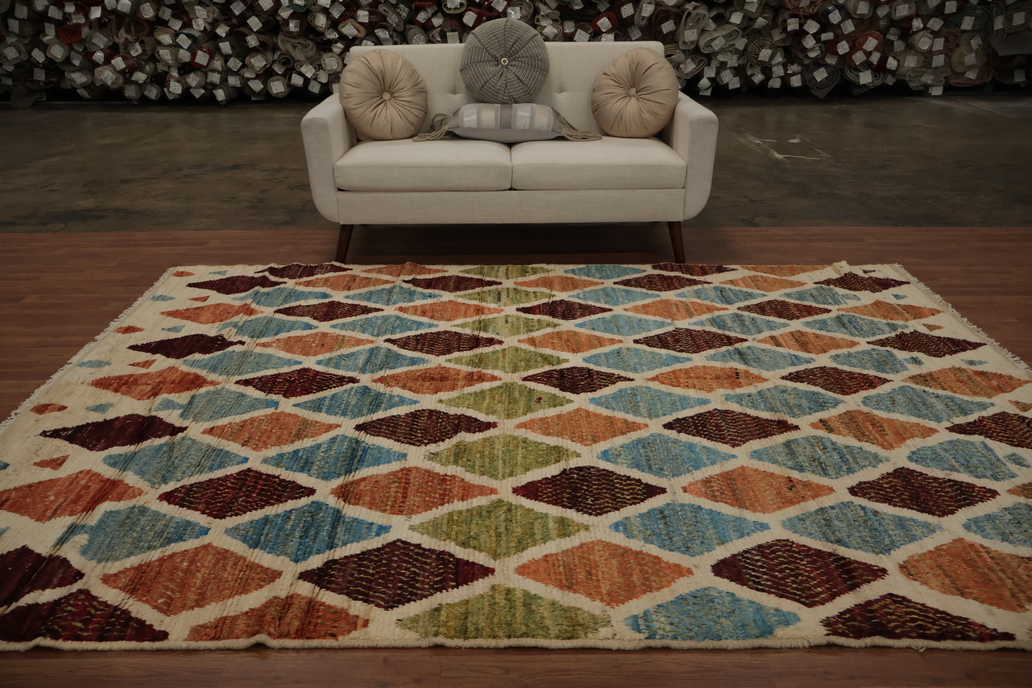 Rustic Diamond Moroccan Area Rug 7x10 in Earthy and Sky Hues
