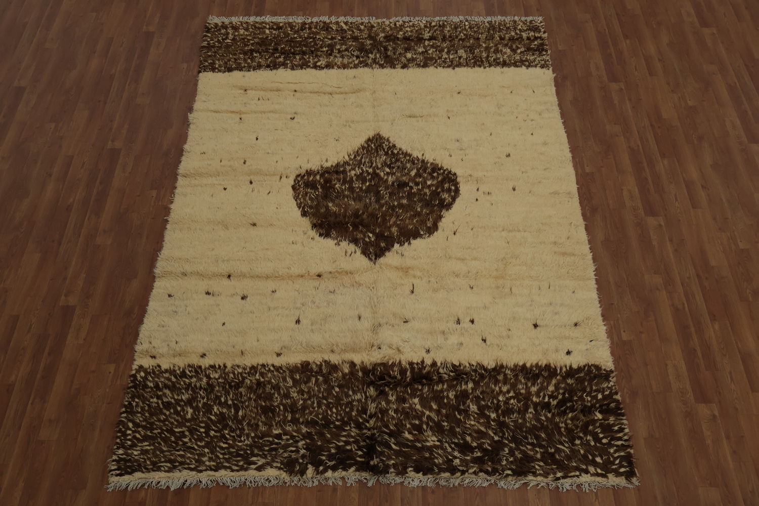 Natural Toned Moroccan Area Rug 7x10 with a Central Diamond Highlight