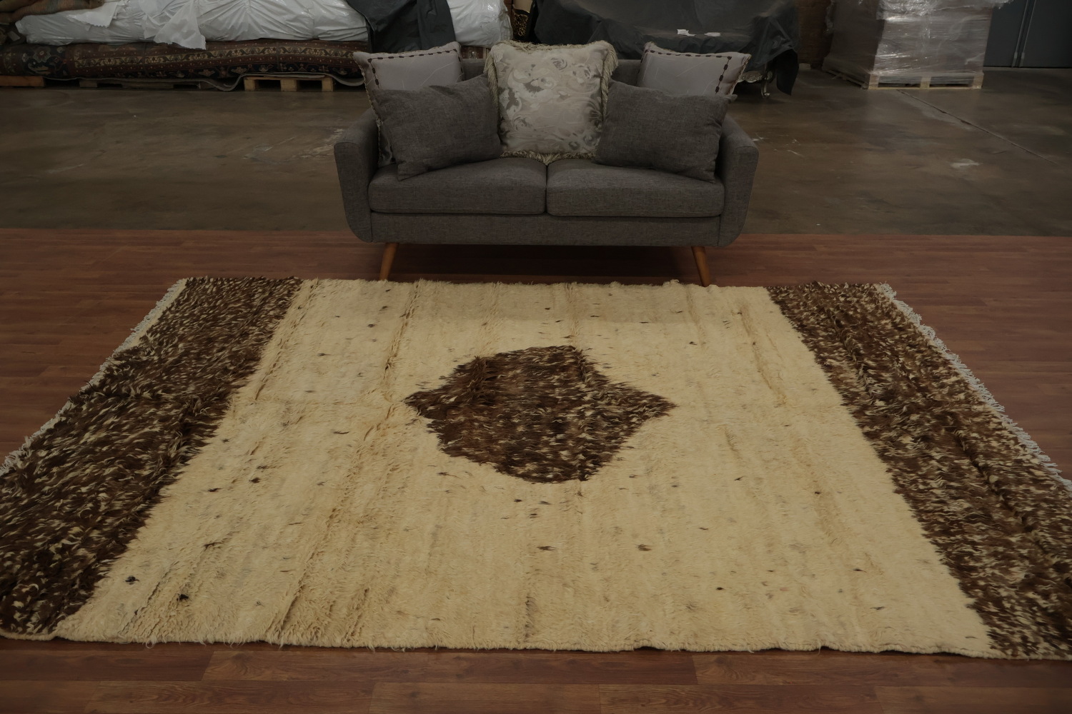 Natural Toned Moroccan Area Rug 7x10 with a Central Diamond Highlight