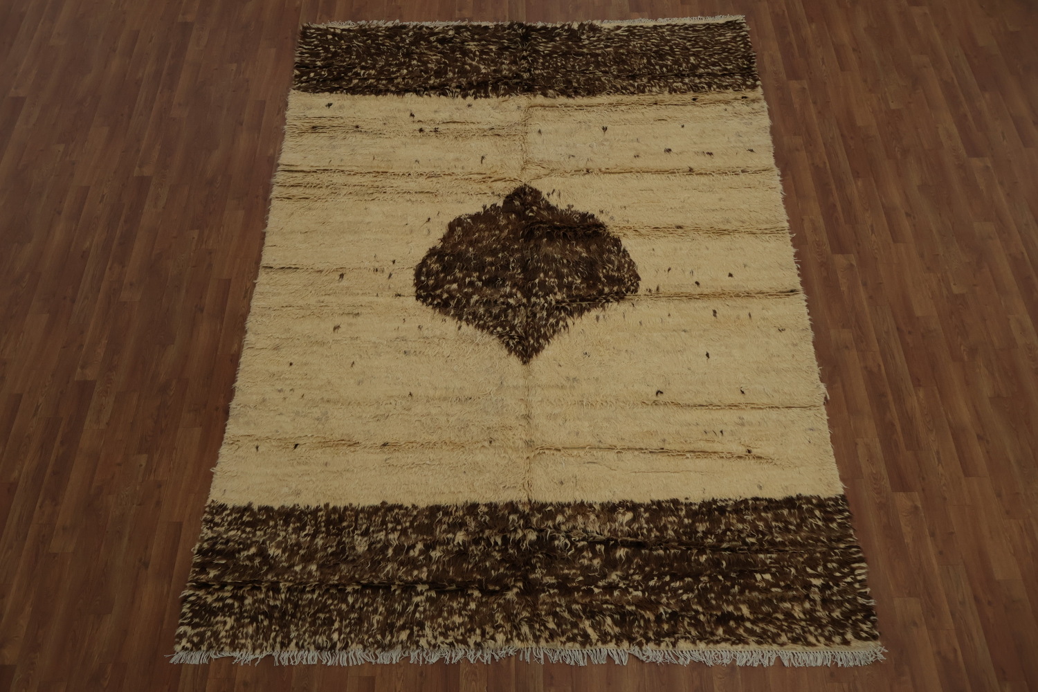 Natural Toned Moroccan Area Rug 7x10 with a Central Diamond Highlight