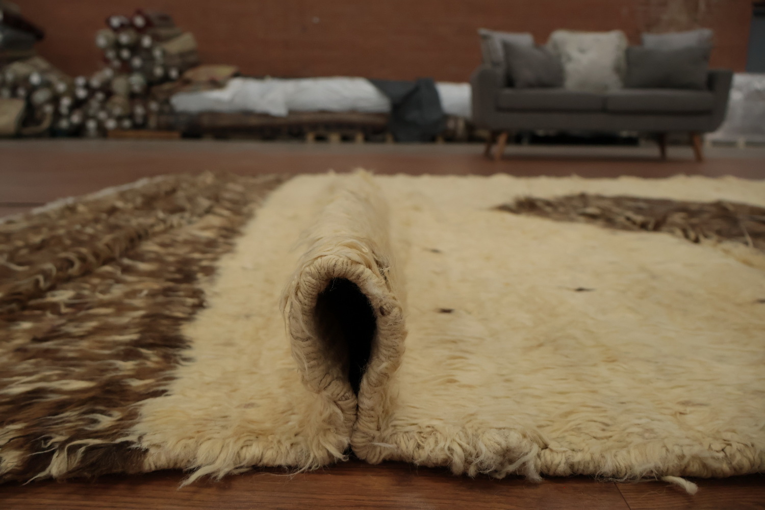 Natural Toned Moroccan Area Rug 7x10 with a Central Diamond Highlight