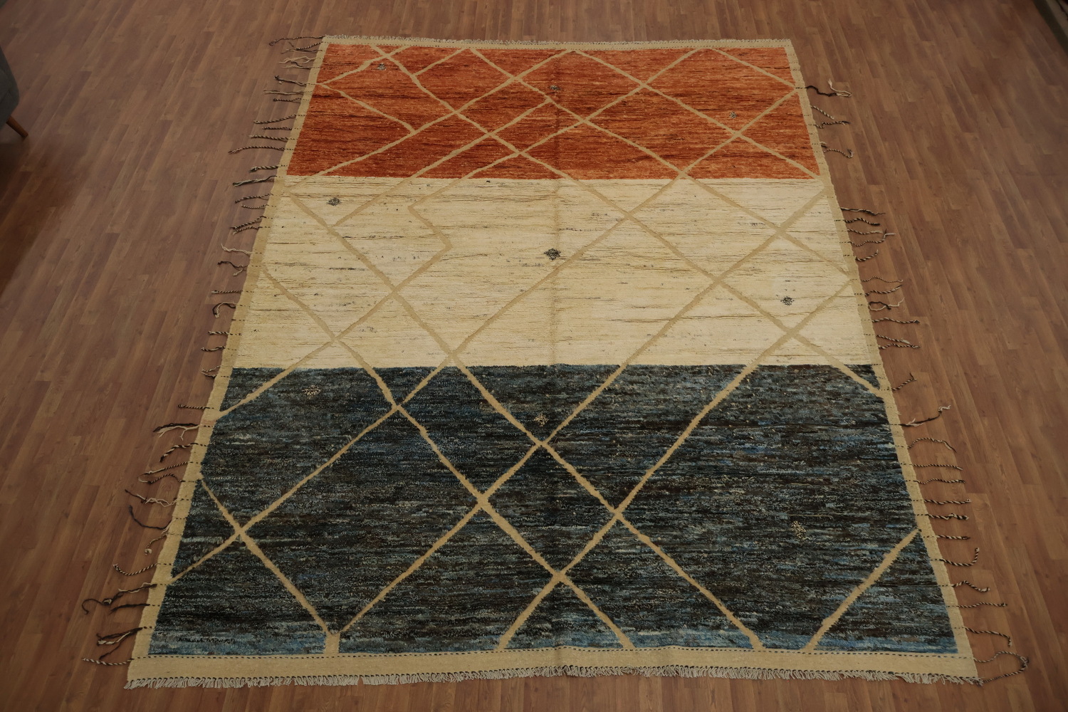 Three-Tone Moroccan Large Area Rug 10x14 with Elegant Crisscross Design