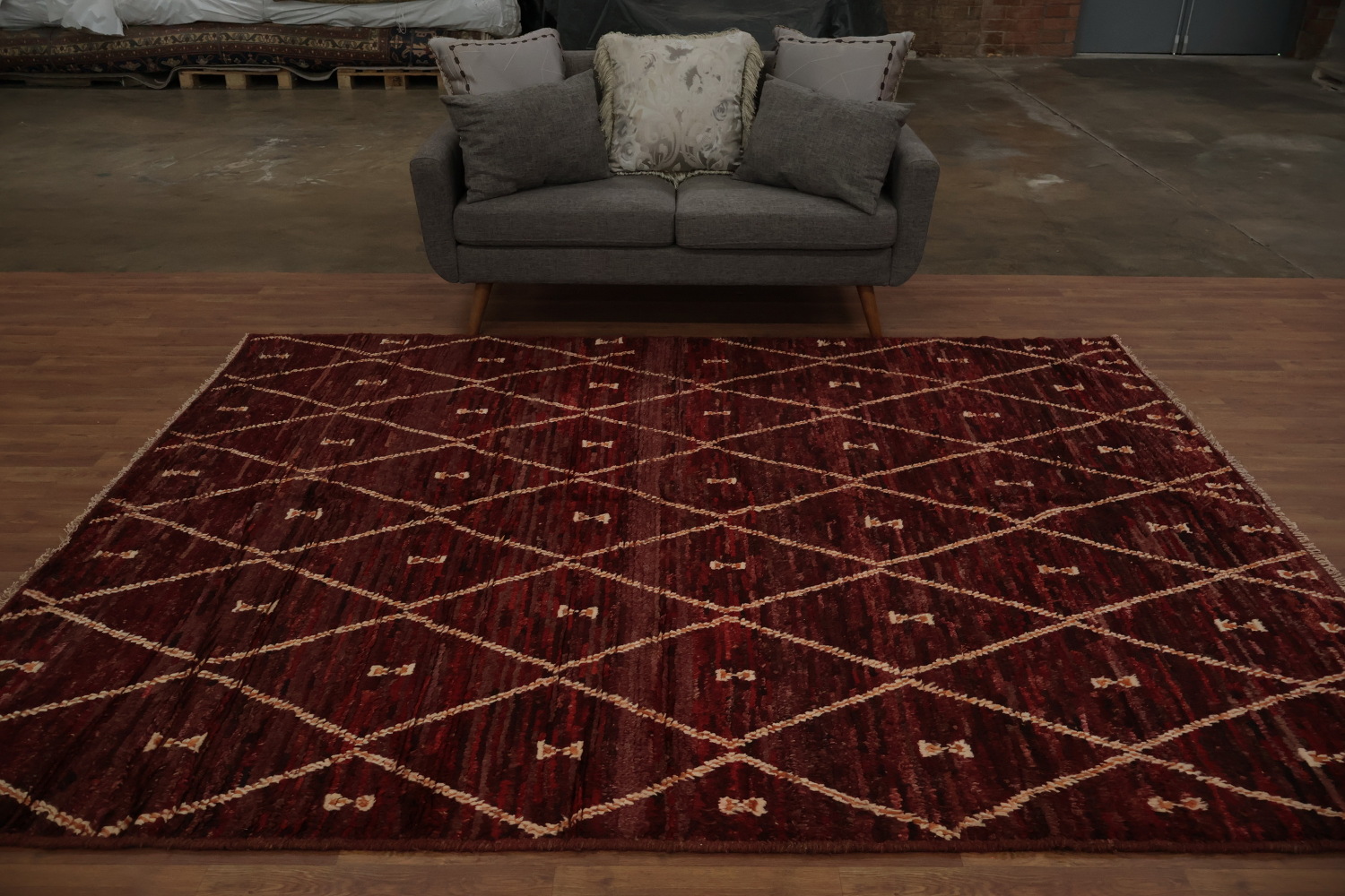 Elegant Moroccan Wool Area Rug 7x10 with Intricate Diamond Motifs