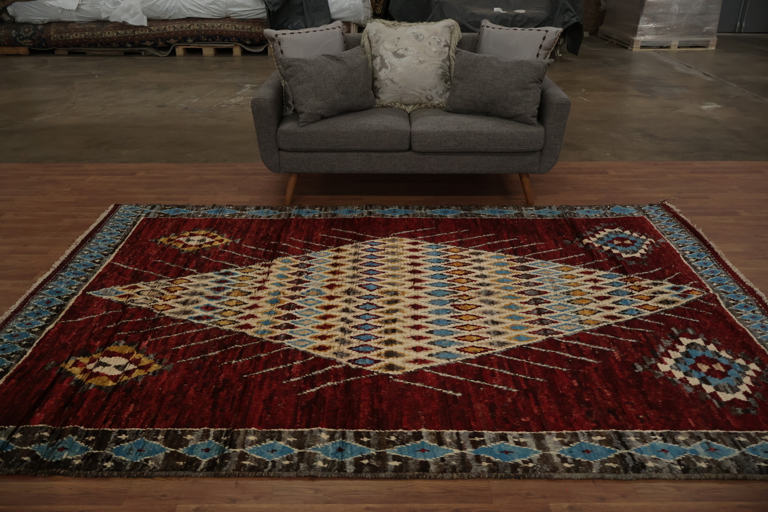 Ornate Red Moroccan Area Rug 7x10 with Diamond and Multi-Color Details