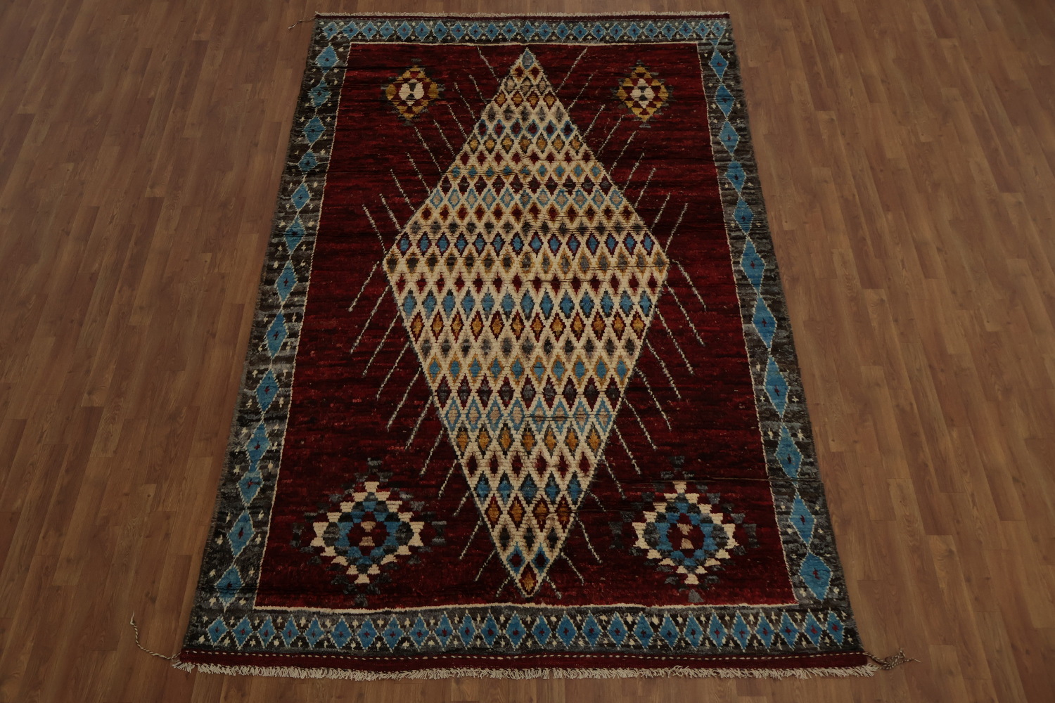 Ornate Red Moroccan Area Rug 7x10 with Diamond and Multi-Color Details