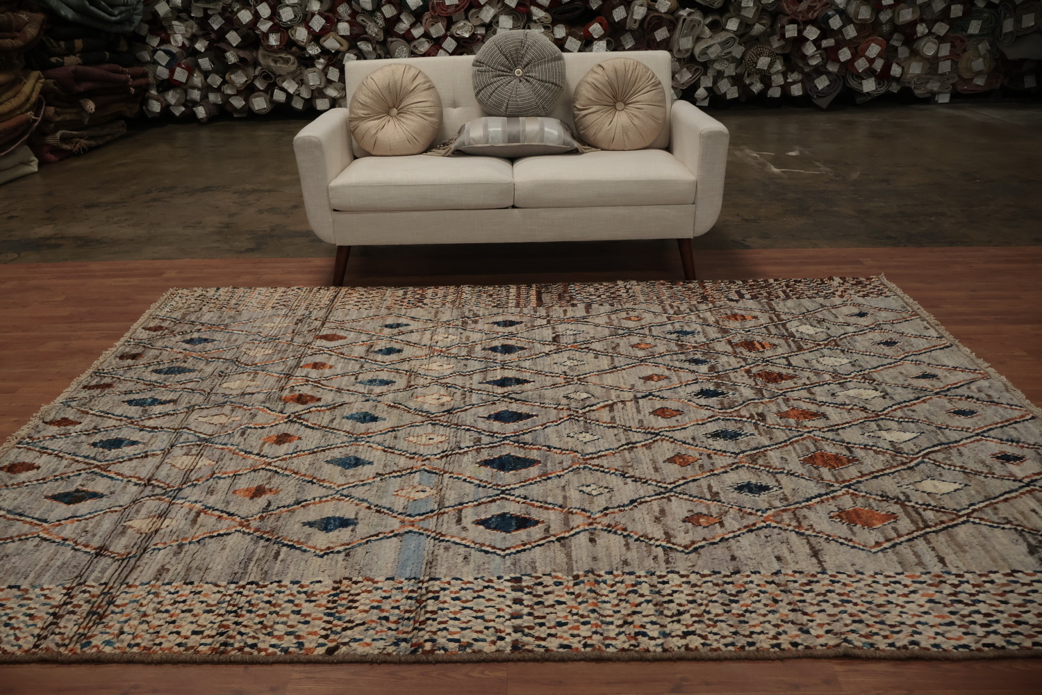 Chic Moroccan Wool Area Rug 7x9 with Intricate Diamond Motif Design