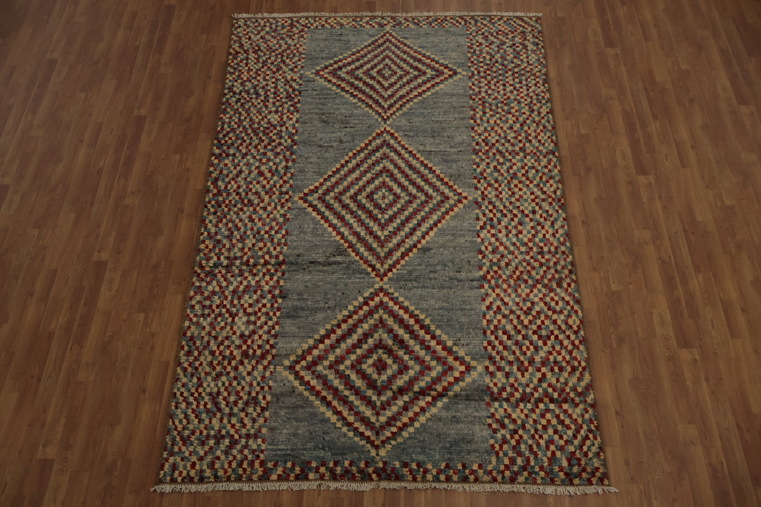 Grey Moroccan Wool Area Rug 6x10 with Multi-Color Diamond Patterns