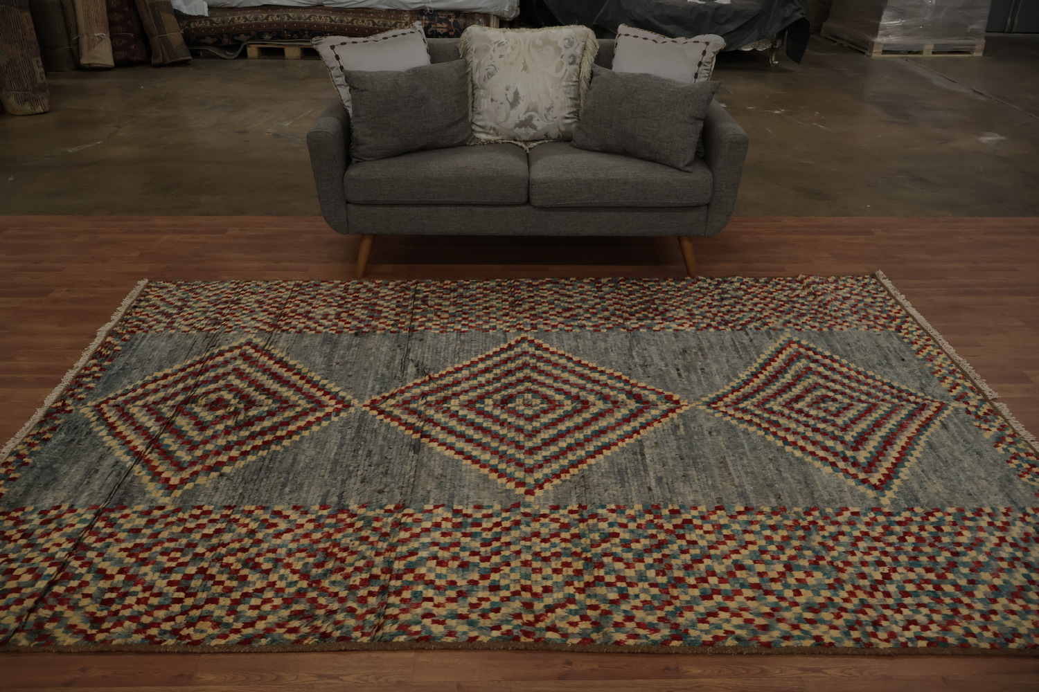 Grey Moroccan Wool Area Rug 6x10 with Multi-Color Diamond Patterns
