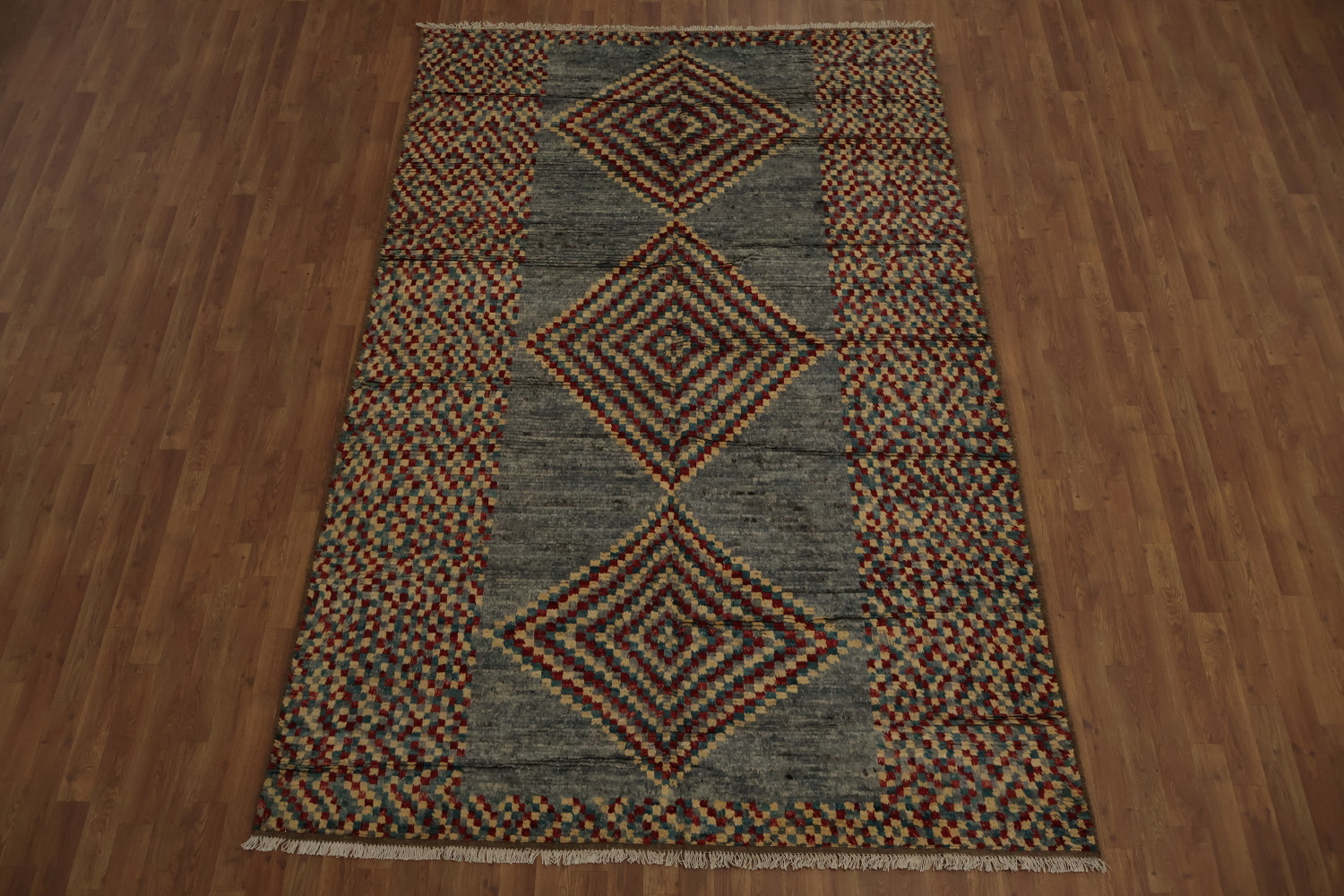 Grey Moroccan Wool Area Rug 6x10 with Multi-Color Diamond Patterns