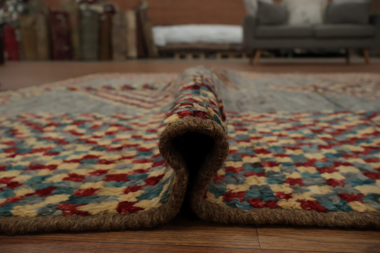 Grey Moroccan Wool Area Rug 6x10 with Multi-Color Diamond Patterns