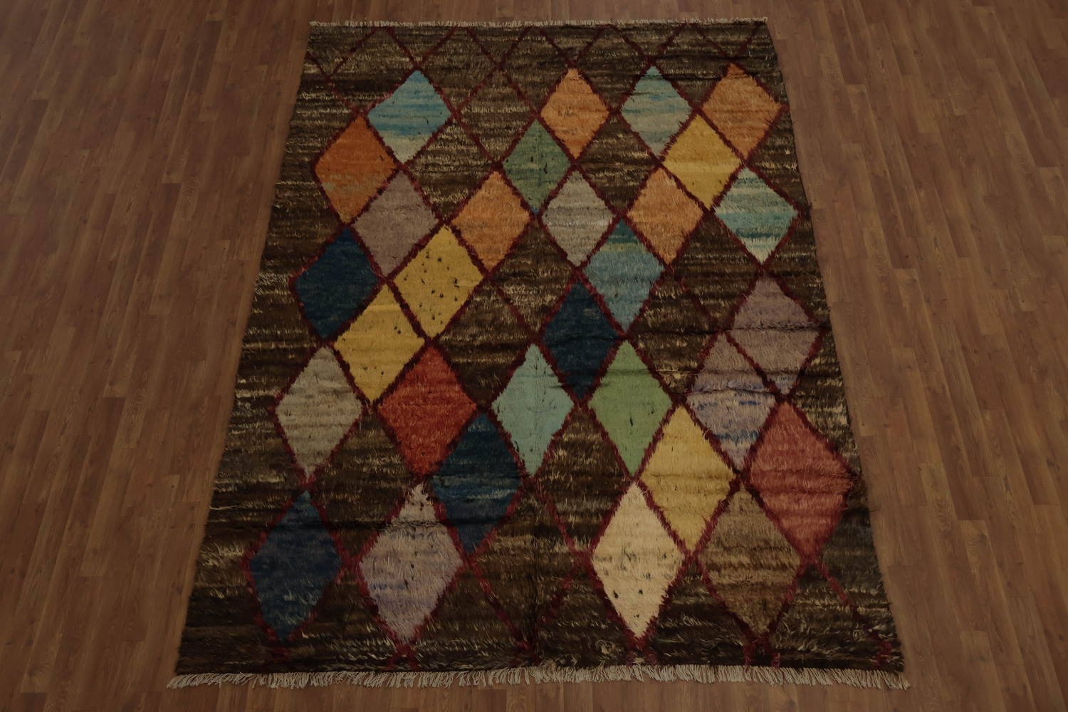 Contemporary Brown Moroccan Area Rug 7x9 with Bold Diamond Motifs