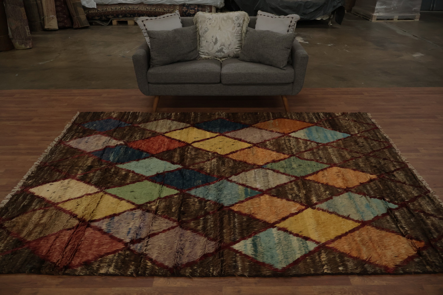 Contemporary Brown Moroccan Area Rug 7x9 with Bold Diamond Motifs