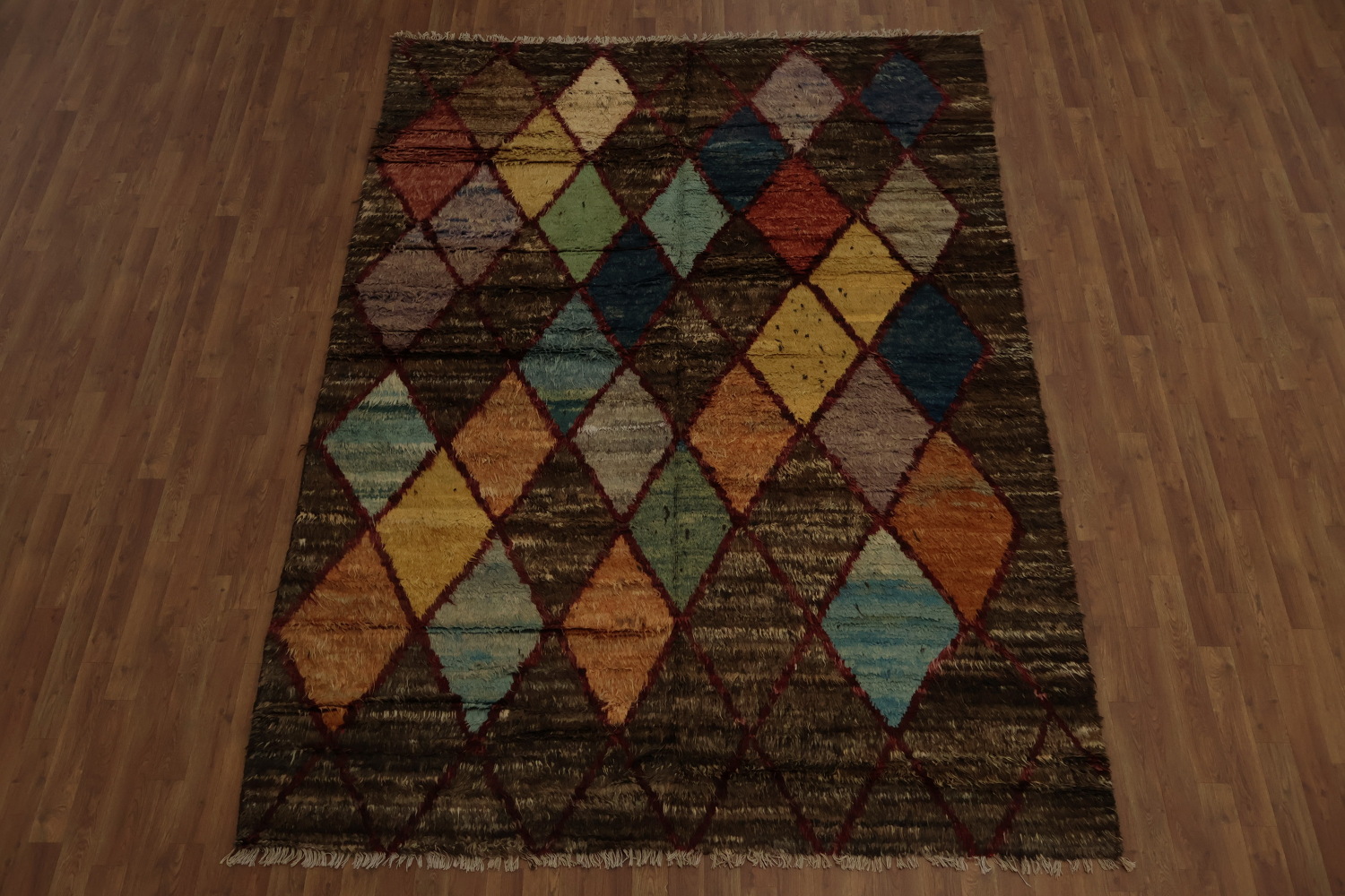 Contemporary Brown Moroccan Area Rug 7x9 with Bold Diamond Motifs