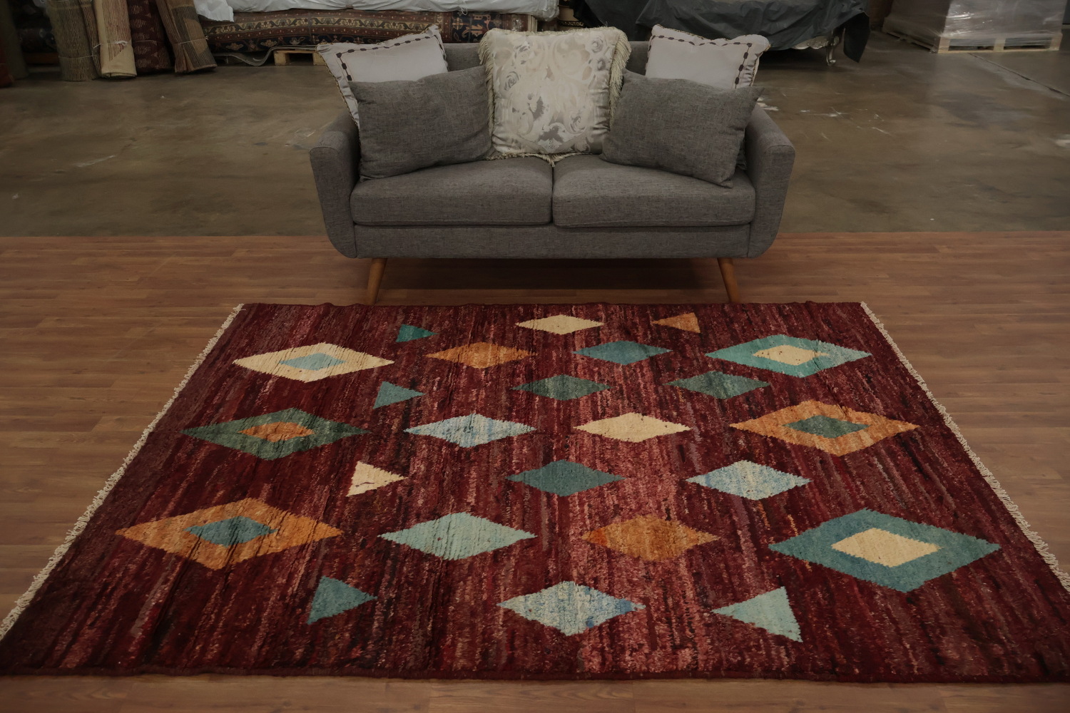 Moroccan Area Rug 6x8 with Rich Burgundy and Geometric Shapes