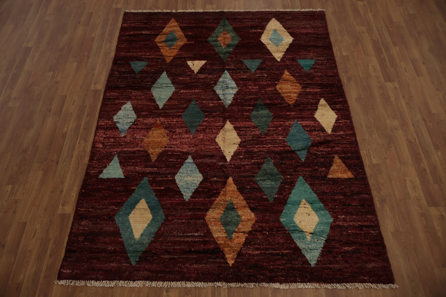 Moroccan Area Rug 6x8 with Rich Burgundy and Geometric Shapes