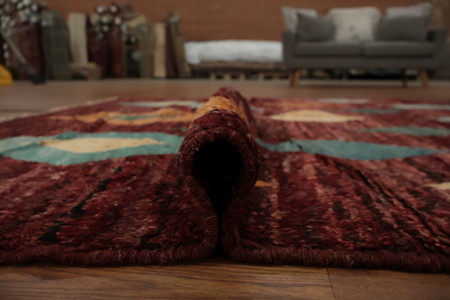 Moroccan Area Rug 6x8 with Rich Burgundy and Geometric Shapes