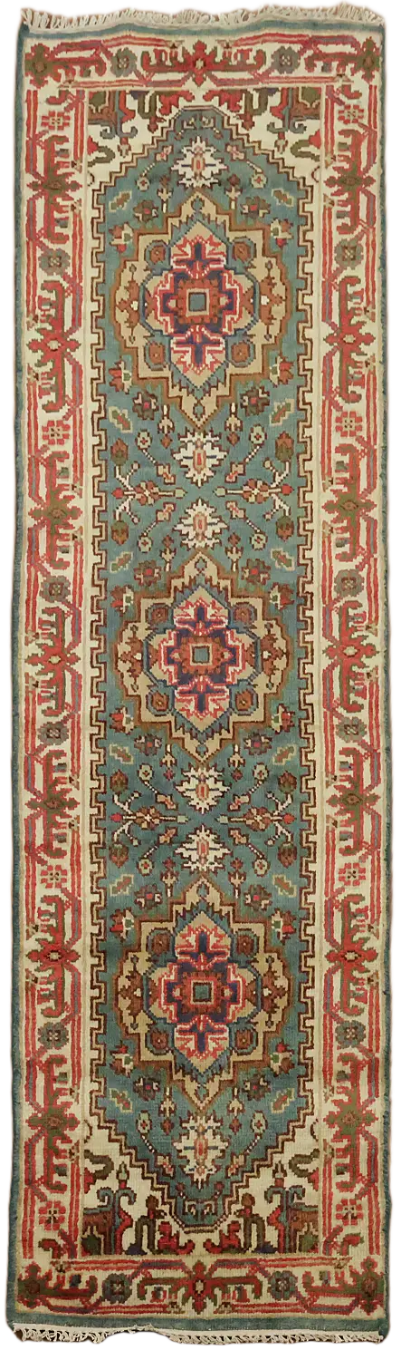 Beautiful Turquoise and Red Rug with Intricate Patterns 2'x8'
