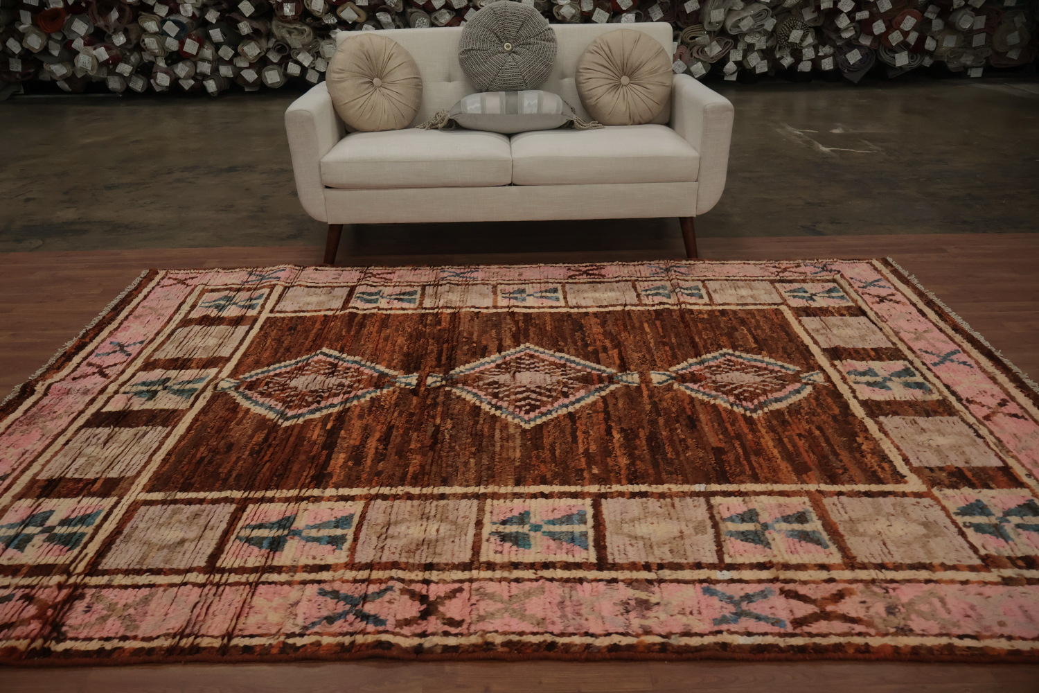 Geometric Moroccan Area Rug 7x10 with Earthy Tones and Bold Borders