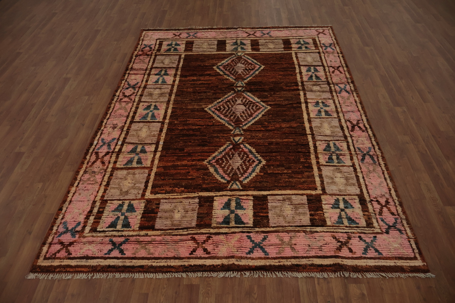 Geometric Moroccan Area Rug 7x10 with Earthy Tones and Bold Borders