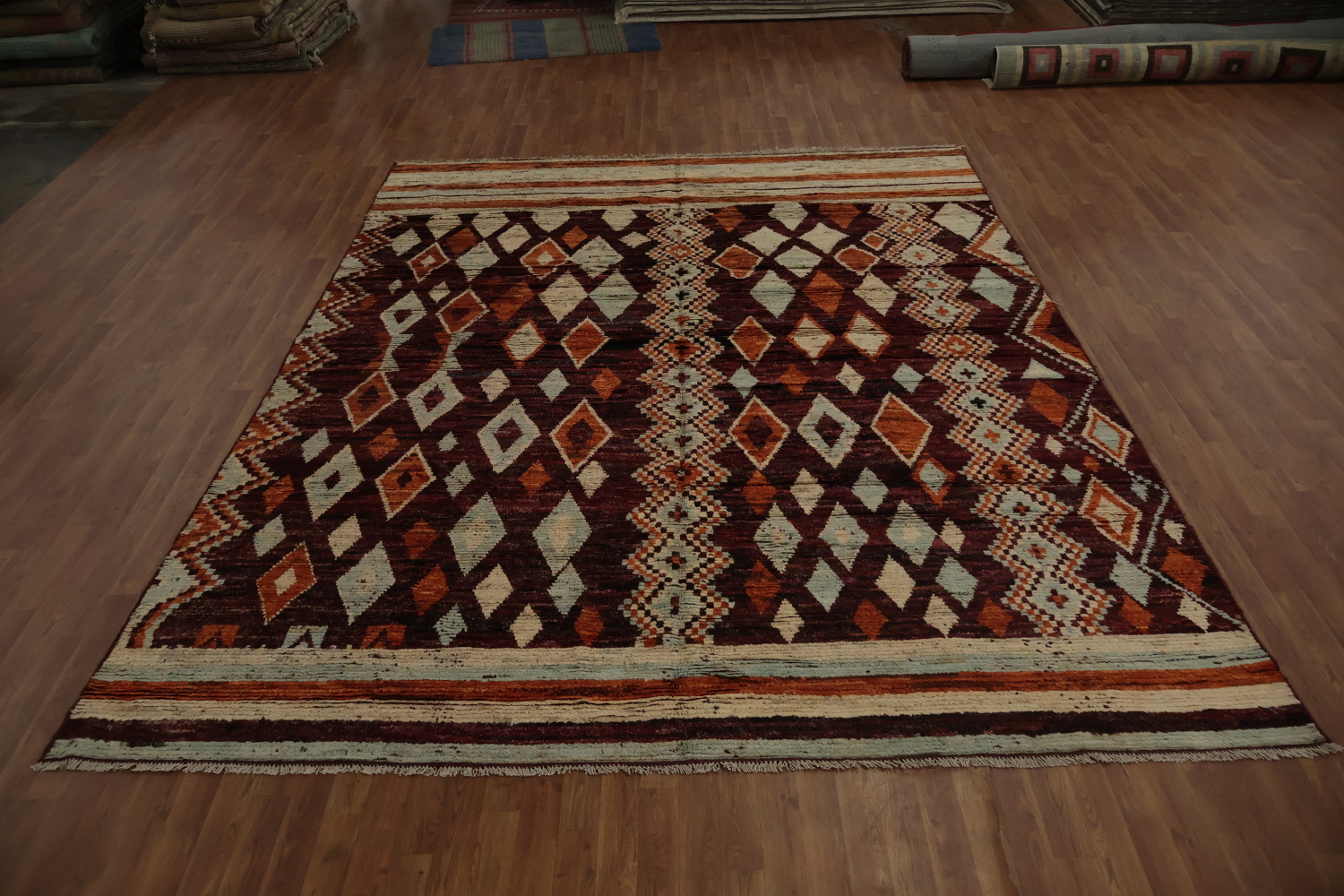 Ethnic Moroccan Area Rug 9x12 in Rich Red and Orange Shades