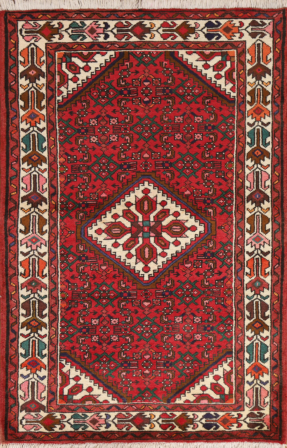 Vintage Geometric Hamedan Wool Area Rug 4x5
