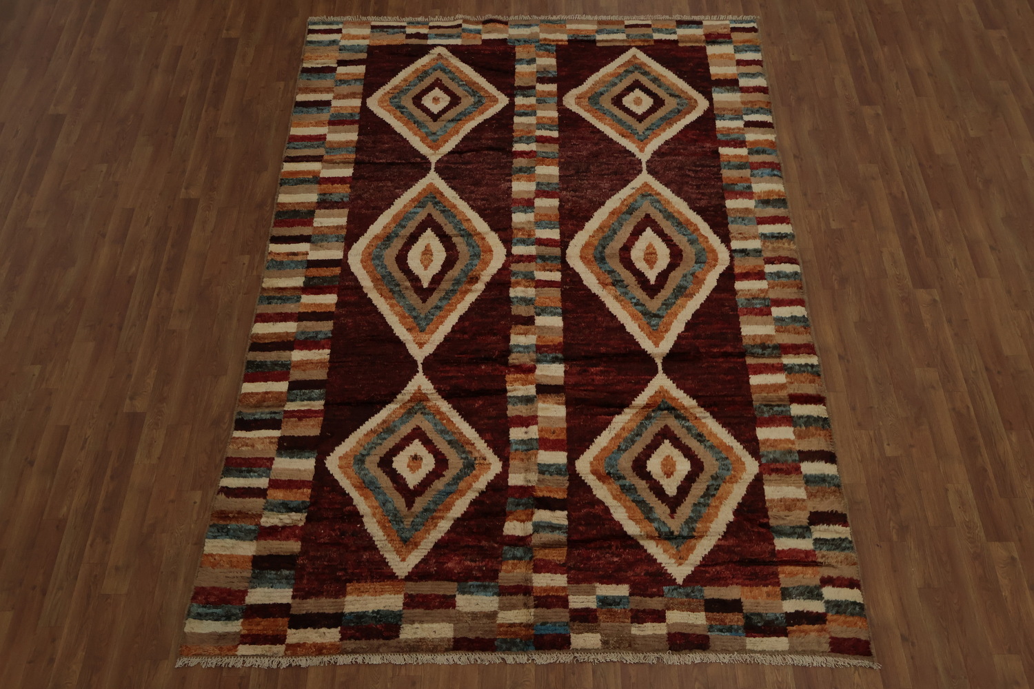 Colorful Moroccan Area Rug 7x10 with Unique Earthy Striped Borders