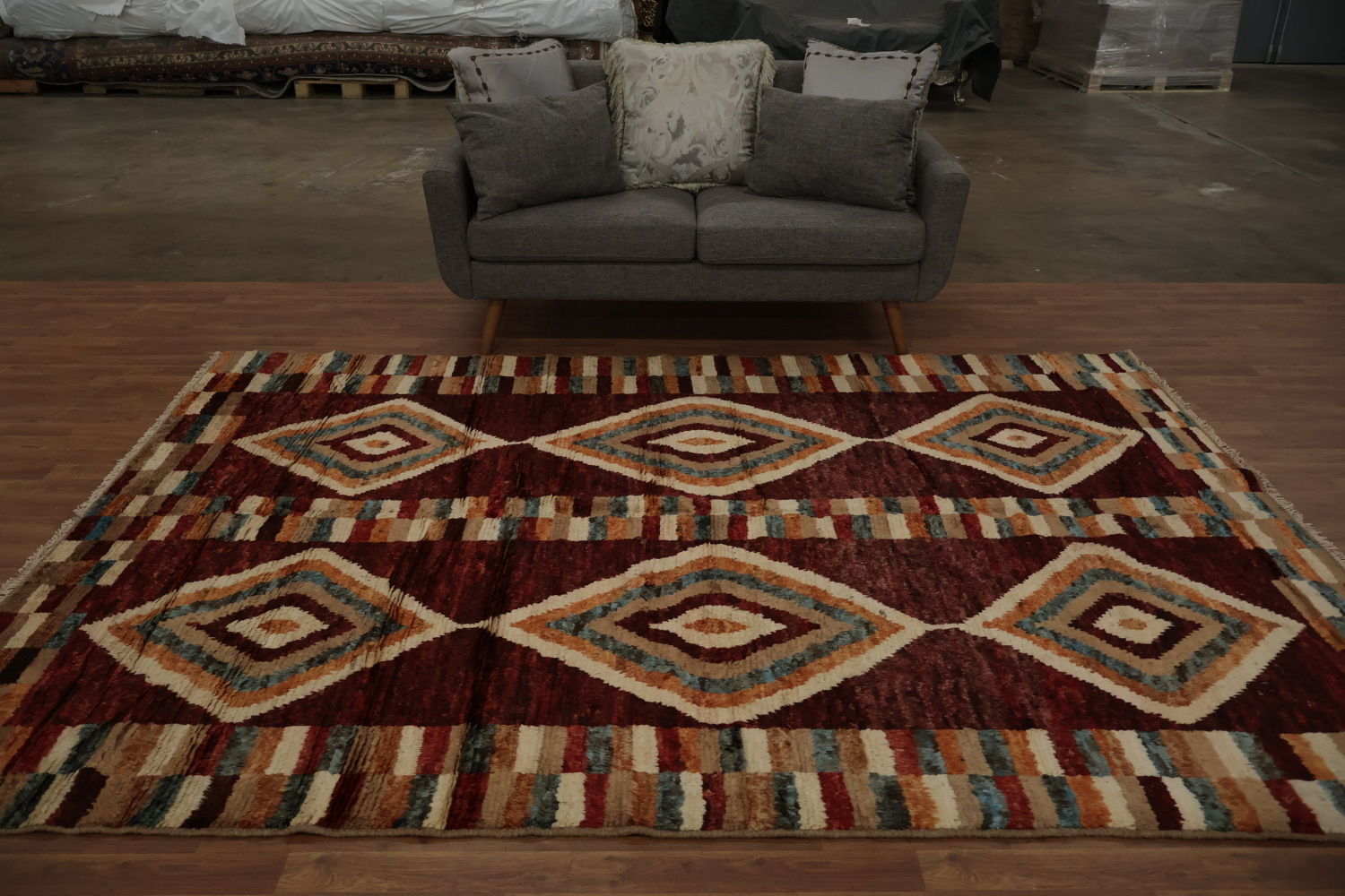 Colorful Moroccan Area Rug 7x10 with Unique Earthy Striped Borders