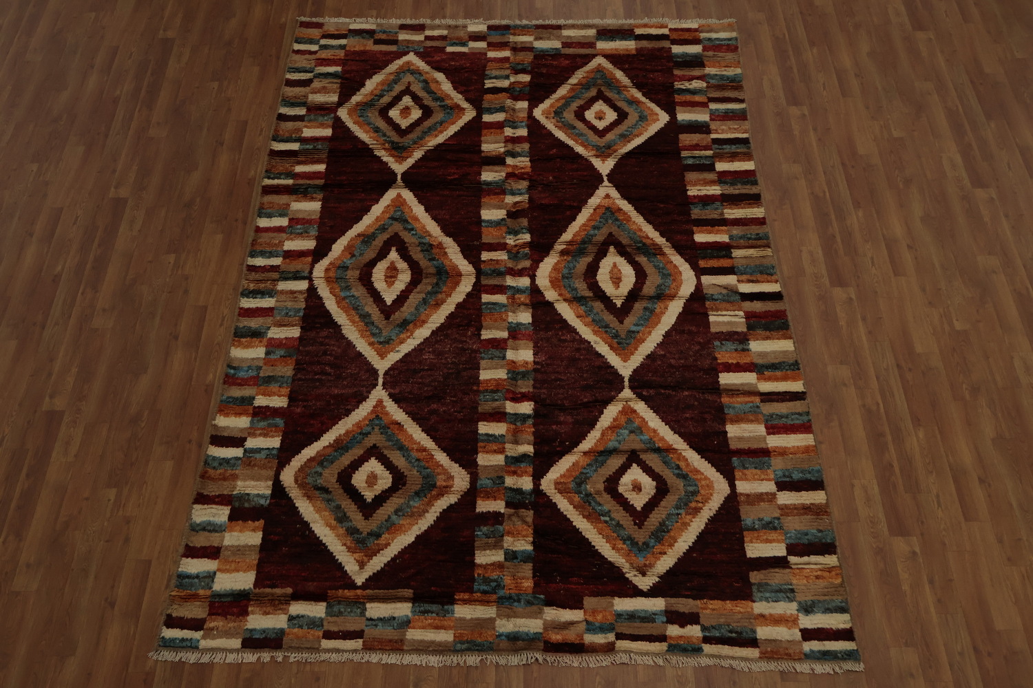 Colorful Moroccan Area Rug 7x10 with Unique Earthy Striped Borders