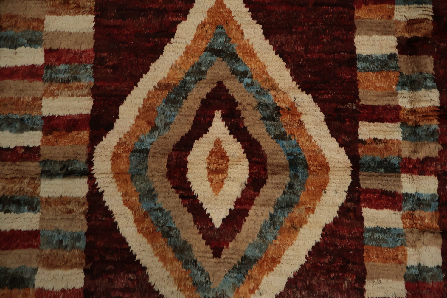 Colorful Moroccan Area Rug 7x10 with Unique Earthy Striped Borders